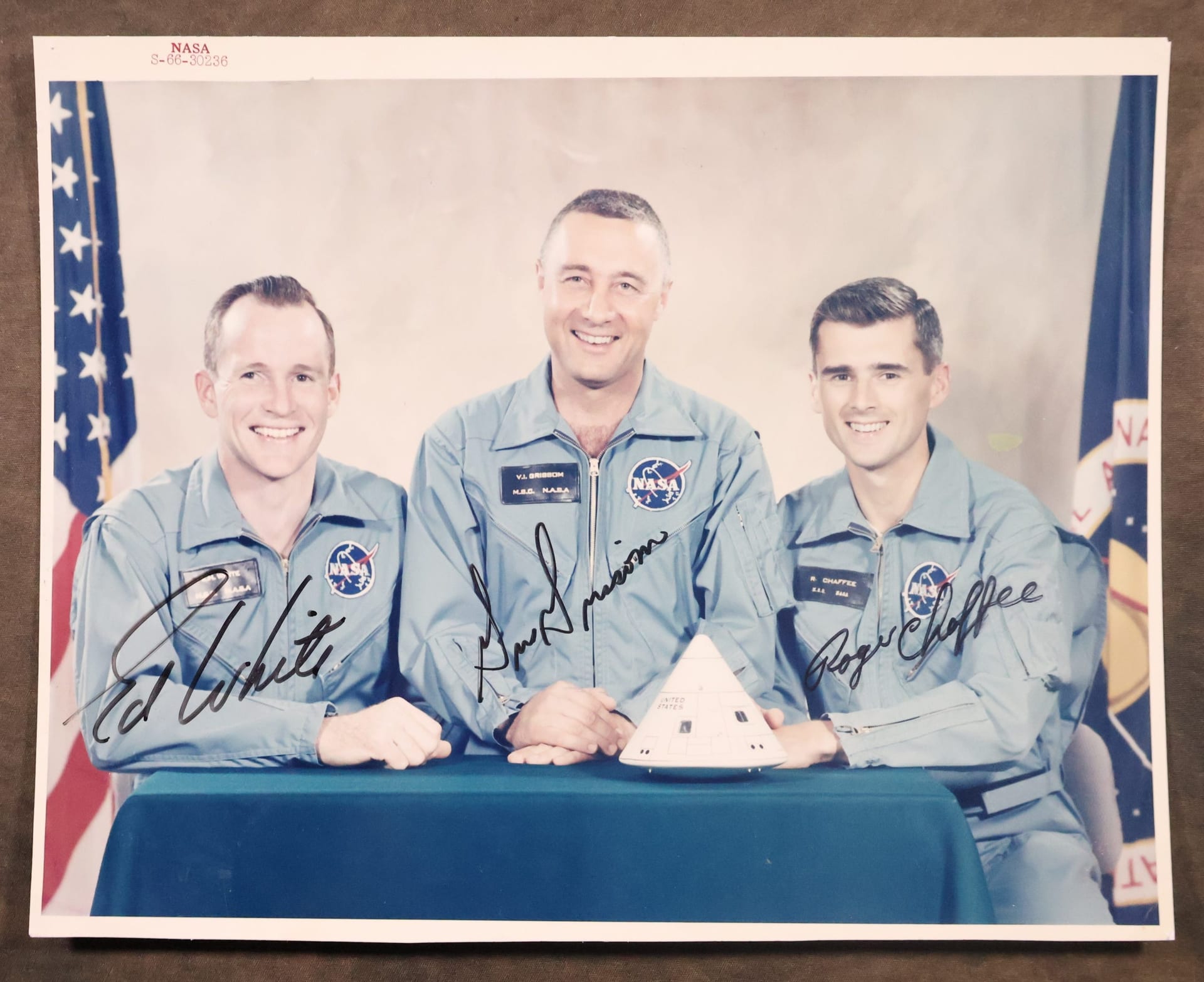 Signed photograph of the Apollo 1 crew: Gus Grissom, Ed White, and Roger Chaffee.