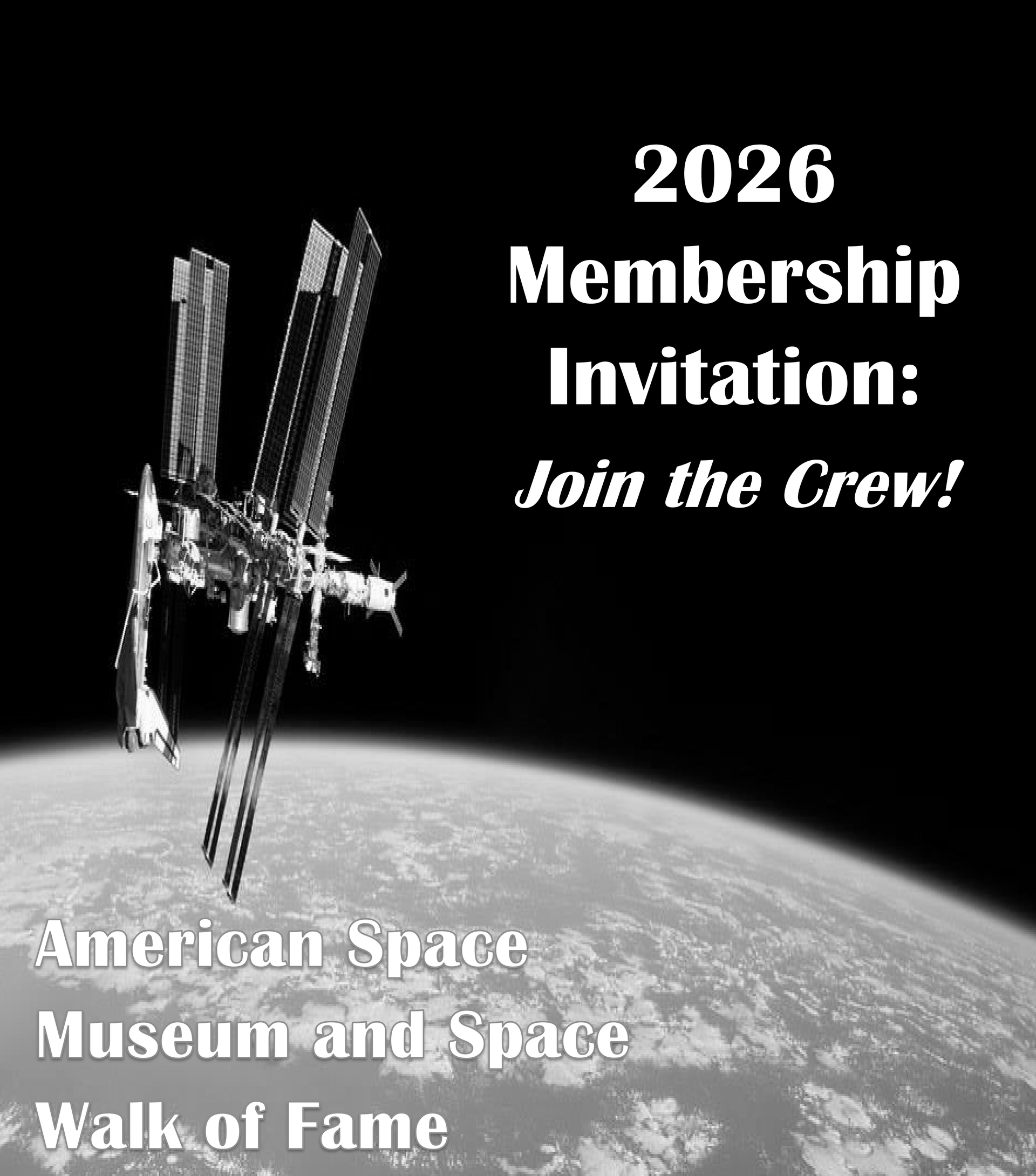 2026 membership invitation artwork showing the International Space Station above Earth.
